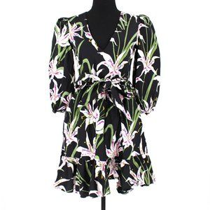 Borgo De Nor Anita Mini Dress Black Multicolor Lilly Print Ruffle Hem Belted 8 M